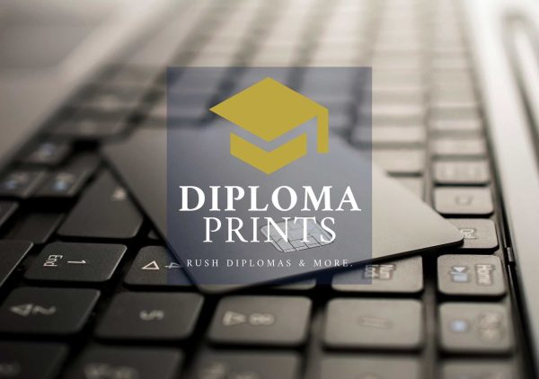 diploma prints logo with background of sample keyboard
