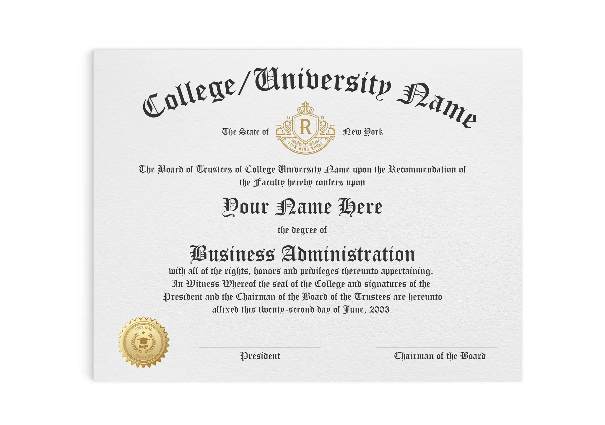 Realistic college diploma with a seal and elegant fonts and signature