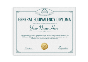 custom high quality ged diploma with teal border and shiny gold embossed seal.