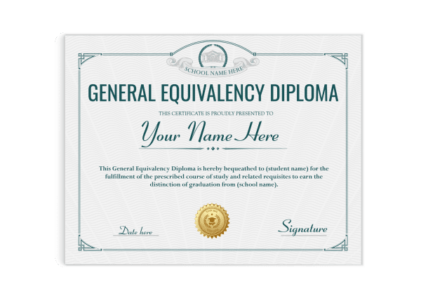 custom high quality ged diploma with teal border and shiny gold embossed seal.