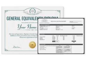 fake GED diploma with green border and shiny gold seal along with set of matching GED Transcripts sheets showing test results