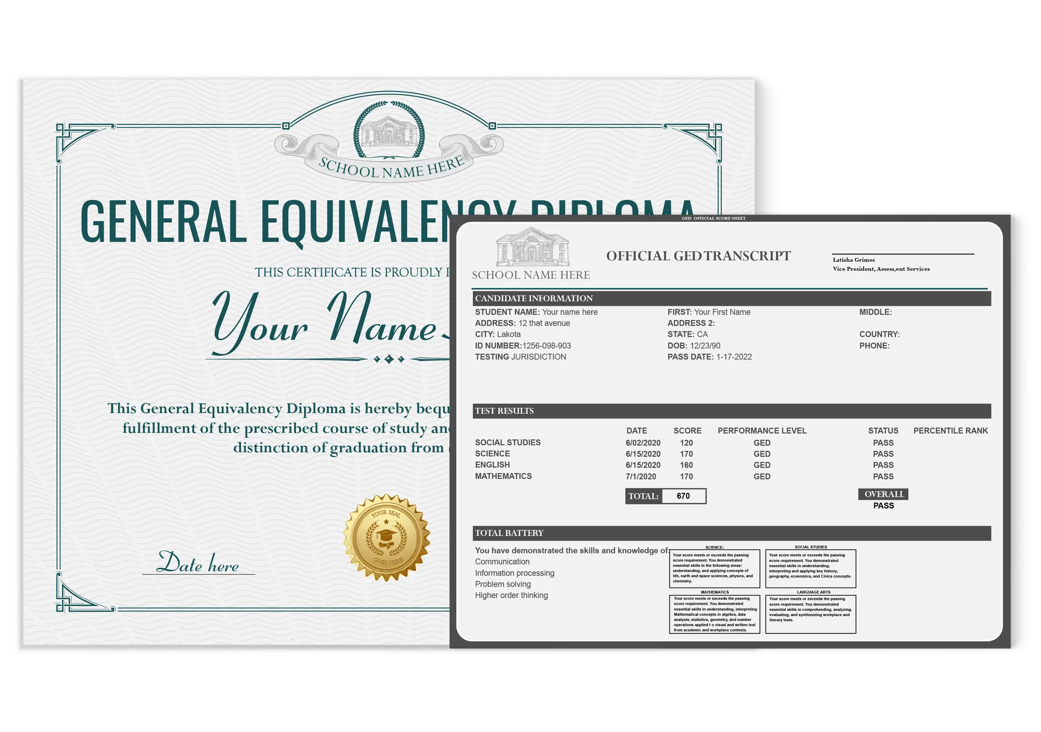 Mock up Replacement GED diploma and transcript bundle