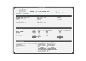 fake GED transcripts showing complete testing center details and student information along with a break down of test scores on security paper