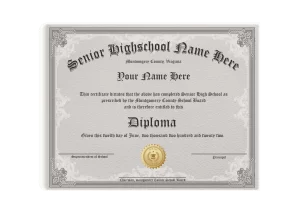 fake high school diploma from senior high school on fancy border paper with shiny gold embossed seal