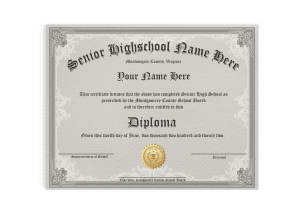 Diploma from senior high school on fancy border paper with shiny gold embossed seal