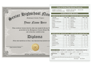 A set of high school documents including a diploma with shiny gold seal from senior high school along with matching set of academic transcripts with high school classes, grades, and complete score breakdown