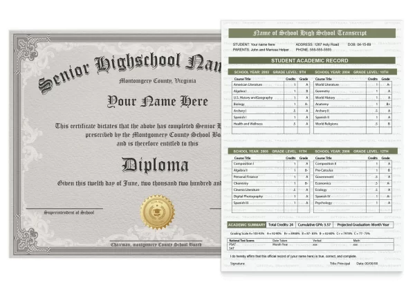 A set of high school documents including a diploma with shiny gold seal from senior high school along with matching set of academic transcripts with high school classes, grades, and complete score breakdown