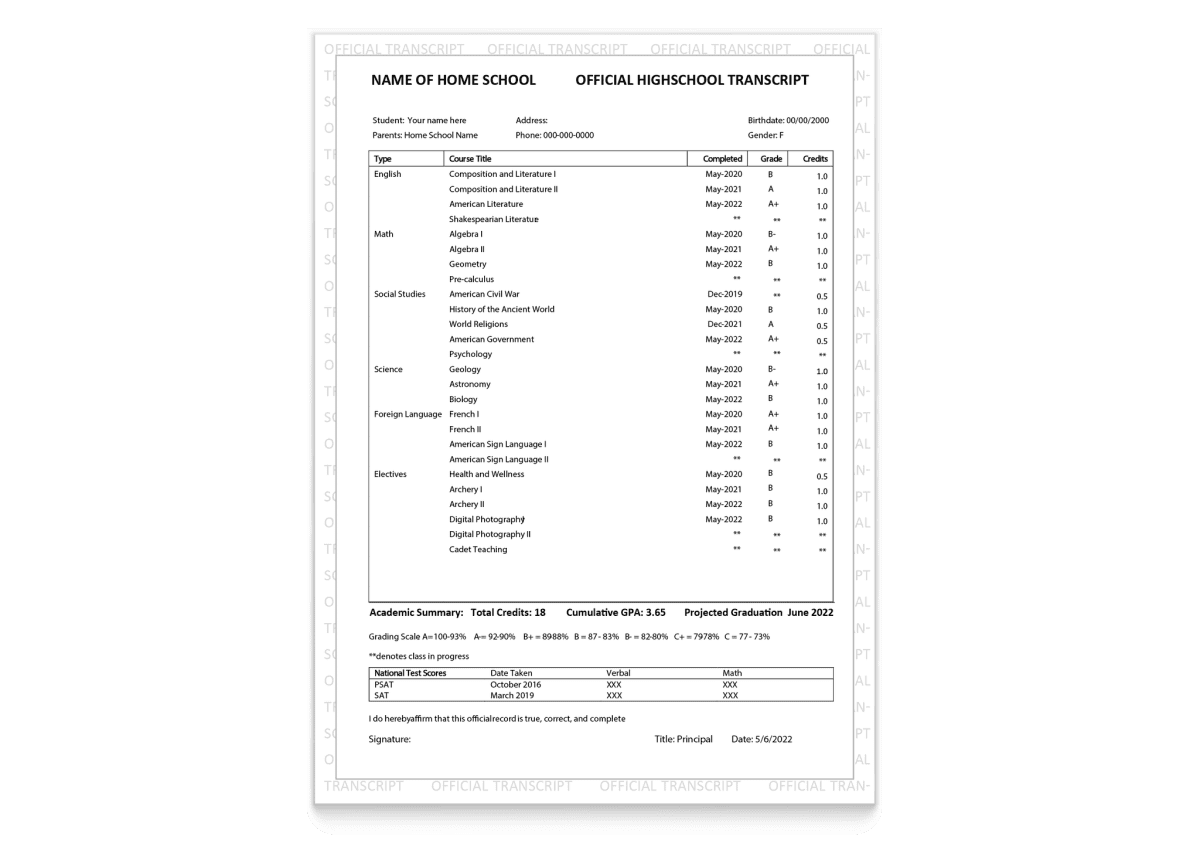 Novelty Fake High School Transcripts