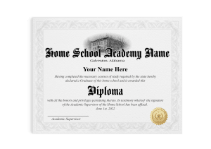 home school diploma features a shiny gold embossed seal and a black and white sketch of a school home
