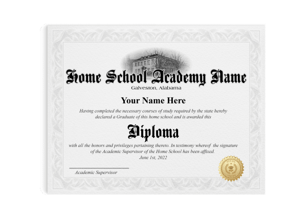 home school diploma features a shiny gold embossed seal and a black and white sketch of a school home