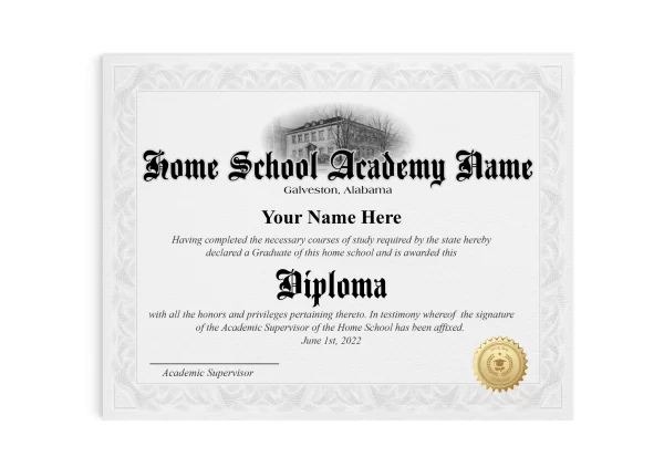 home school diploma features a shiny gold embossed seal and a black and white sketch of a school home