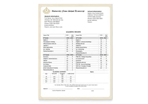A set of college transcripts on border security paper with a complete breakdown of degree and major courses and grades
