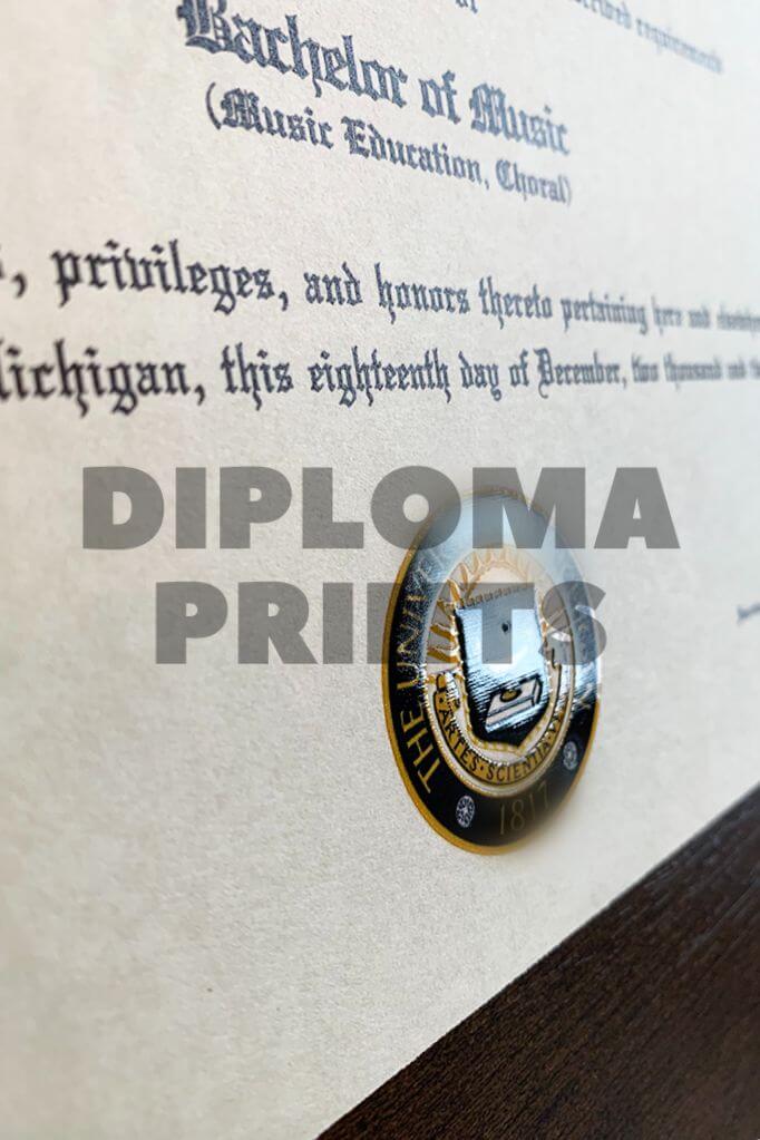 college diploma with blue and gold seal upclose showing raised embossed crest