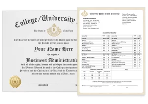 fake college and university diploma with shiny gold embossed seal next to a set of transcripts featuring coursework and grades