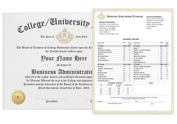 fake college and university diploma with shiny gold embossed seal next to a set of transcripts featuring coursework and grades