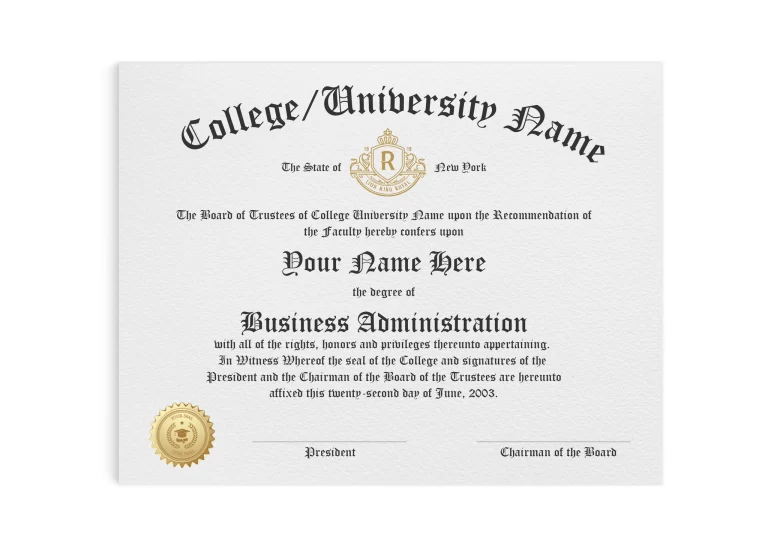 custom fake college and university diploma in business administration degree with shiny gold raised embossed seal