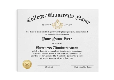 fake college and university diploma in business administration degree with shiny gold raised embossed seal