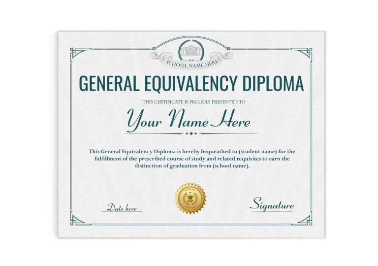 custom high quality fake ged diploma with teal border and shiny gold embossed seal.