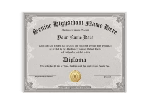 fake Diploma from senior high school on fancy border paper with shiny gold embossed seal
