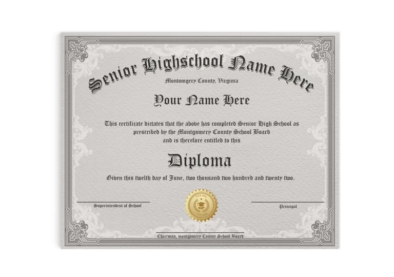 fake Diploma from senior high school on fancy border paper with shiny gold embossed seal