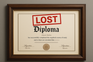a framed picture of a replica diploma with the text Lost